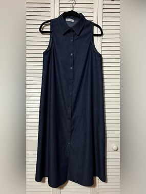 Medium Sleeveless Button-Front Navy denim look A-Line dress.
